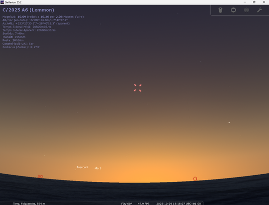 Simulació del capvespre amb Mercuri a l'horitzó i el cometa C/2025 A3 Lemmon més amunt.