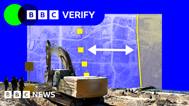 Graphic of the article linked in the toot.
on the background a satellite image of the yellow line and the actual placement of blocks, in the foreground a picture of an excavation machine and three persons on the left.
BBC NEWS is written in the bottom left corner
