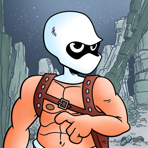 Man wearing a white hood and shoulder holster standing in a landscape of oddly shaped rocks.