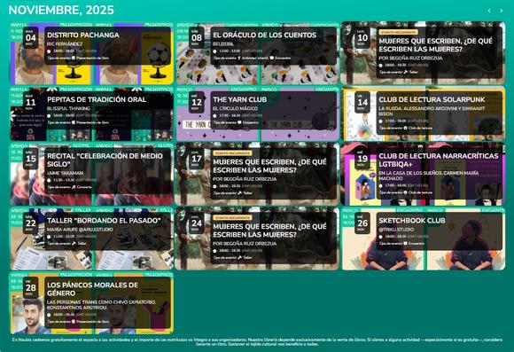 Captura de pantalla de nuestra web donde aparecen en cuadrícula todas las actividades de noviembre. Están todas descritas en el texto principal de la publicación.
