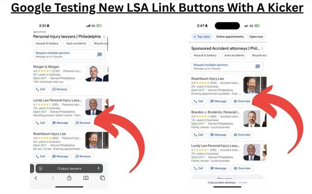 Google Local Service Ads testing Review and Overview buttons