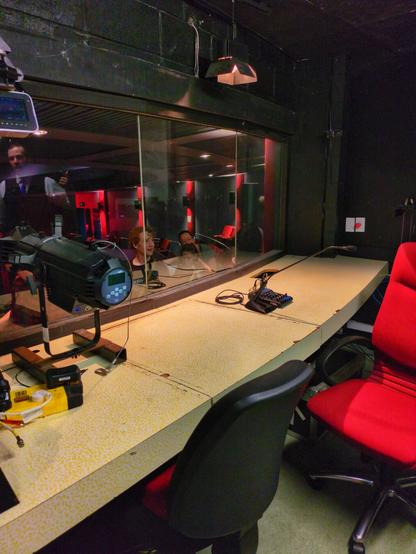 A spotlight on a desk.