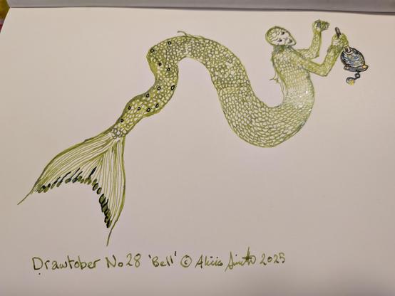 A green with shimmer of silver long tailed merperson, scaled and holding a blue and shimmery gold bell. Illustrated with pen and ink.