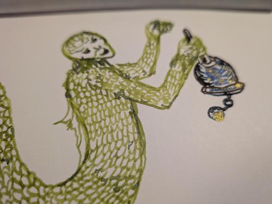 The head and torso of a merperson holding a blue bell