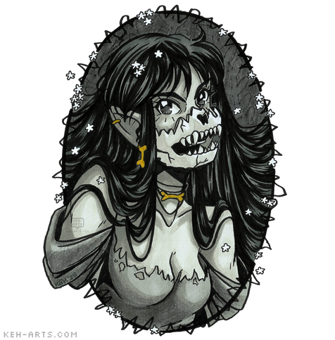 In a drawn oval frame with jagged black inked lines and small white flowers - a greyscale marker artwork of a manga-style girl with long black hair wearing a creepy half-skull mask on the lower half of her face. The mask resembles an animal jaw with pointed teeth. You can just see her mouth through the jaws. She is wearing gold bone shaped earring and choker and rough, torn clothes showing off her bust. The background is grey with black pencil crayon with a vine pattern.