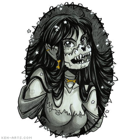 In a drawn oval frame with jagged black inked lines and small white flowers - a greyscale marker artwork of a manga-style girl with long black hair wearing a creepy half-skull mask on the lower half of her face. The mask resembles an animal jaw with pointed teeth. You can just see her mouth through the jaws. She is wearing gold bone shaped earring and choker and rough, torn clothes showing off her bust. The background is grey with black pencil crayon with a vine pattern.