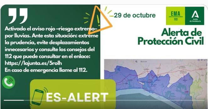 Tuit de Emergencias advirtiendo del envío masivo de alerta a móviles por riesgo de inundaciones. / @Emergencias112Andalucia