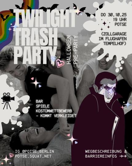 💥Announcement! Thursday 30.10.2025💥
💀🍁🍄🟫🧛🏻Hear hear 30.10 twilight trash party in Potse 🧟👻🍇🍁
Thursday, 30.10.2025 | 7 p.m. | Potse Zollgarage Columbiadamm 10, 12101 Berlin
Arrival: Arrival: U6, Bus 248, M43 Platz der Luftbrücke
📣 Call to action: https://asanb.noblogs.org/?p=13780 - @potse_berlin
#b3010 #Potse
Thursday before Halloween in Zollgarage - U6 Platz der Luftbrücke.
Be careful of clowns and cops!
Dress up (theme Mystical creatures) for sweet , sour and Sinema
Soli for Gaza, Event is free, no hard alcohol ,no hard drugs , no Nazis!!☠️☠️☠️