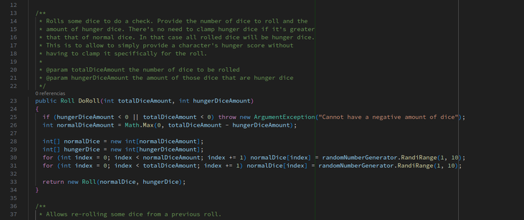 Captura de pantalla de un editor de código. Se muestra un método para hacer tiradas de dados siguiendo las reglas del juego de rol de mesa de Vampiro: La Mascarada.
