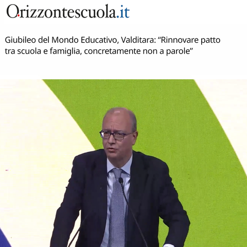 Sito: Orizzontescuola.it
Titolo: Giubileo del Mondo Educativo, Valditara: "Rinnovare patto tra scuola e famiglia, concretamente non a parole".
Foto del ministro dell'Istruzione e del Merito Giuseppe Valditara.