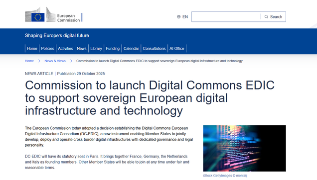 Screenshot of the EUC press release: "Commission to launch Digital Commons EDIC to support sovereign European digital infrastructure and technology"