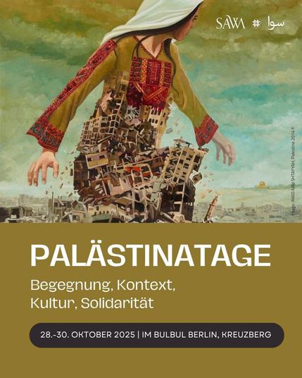 💥Ankündigung! Dienstag 28.10.2025 - Donnerstag 30.10.2025💥
✊🏾🇵🇸 Palästinatage: Begegnung, Kontext, Kultur, Solidarität 🇵🇸✊🏾
Dienstag, 28.10.2025 - Donnerstag, 30.10.2025 | Bulbul, Skalitzer Str. 114, 10999 Berlin
Anreise: U1, U3, M29 Görlitzer Bahnhof
📣 Aufruf: https://asanb.noblogs.org/?p=13744 - @transaidency
#b2810 #b2910 #b3010 #FreePalestine
🌿 Die Palästinatage schaffen Raum für Stimmen, Perspektiven und Verbindungen, die in der deutschen Öffentlichkeit oft fehlen oder bewusst übergangen werden.
Inmitten anhaltender Gewalt, politischer Repression und öffentlicher Unsichtbarkeit geht es uns um eines:
✨ Solidarischen Austausch, nicht über, sondern mit Palästinenser*innen.
🎤 In Vorträgen, 📚 Lesungen, 💬 Gesprächen, 🎬 Filmvorführungen, Tanz-Workshops und 🎶 musikalischen Beiträgen versammeln sich Stimmen aus Palästina, der palästinensischen Diaspora in Deutschland und darüber hinaus.
Sie sprechen über das Leben unter Besatzung und Bombardement, über Diaspora-Erfahrungen, über friedlichen Widerstand, Erinnerung und kulturelle Resilienz.
💡 Die Palästinatage zeigen:
Palästinensisches Leben ist nicht nur durch Leid geprägt, sondern auch durch Kunst, Humor, Gemeinschaft und unermüdliches Erzählen.
In einem politischen Klima, das palästinensische Perspektiven oft delegitimiert oder zum Schweigen bringt, setzen wir ein Zeichen:
👉 für Sichtbarkeit
👉 für Verbindung
👉 für Verantwortung