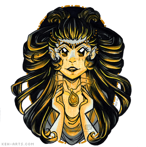 A face on portrait drawing in black and grey mixed media of a manga style girl with long black hair spread out behind her in almost symmetrical pattern. Her hands are out in front of her cupping her glowing magical amulet necklace which is emitting a yellow light (rendered in pencil crayon and acrylic paint marker lines) which glows on her face and hair.