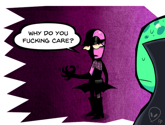 Last panel of the comic. Vel is turned towards her team leader looking menacing and flexing her new claws threateningly. She says: "Why do you fucking care?" The Team Leader looks nervous.