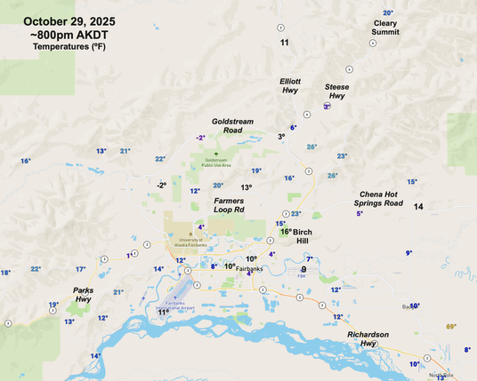 Map on the Fairbanks, Alaska area with temperatures (ºF) around 8am AKDT October 29 plotted.