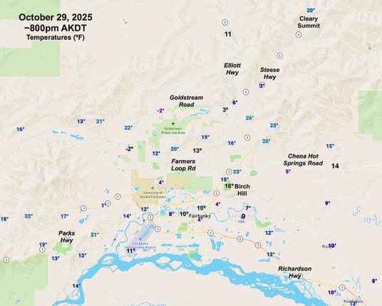 Map on the Fairbanks, Alaska area with temperatures (ºF) around 8am AKDT October 29 plotted.