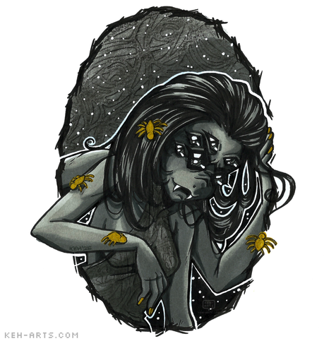 A creepy spider monster girl drawing in greyscale. in a roughly inked oval frame with a grey spider web background (scattered with white droplets). She has lanky black hair hanging down over her face. Her face has multiple glittering eyes and her smiling mouth has two white fangs. We can see four of her presumably eight arms/legs. There are small gold spiders crawling on her hair and arms.