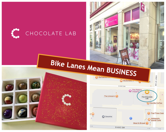 Chocolate Lab logo + chocolate box + street view + map location on Stephen Ave at 1st St SW