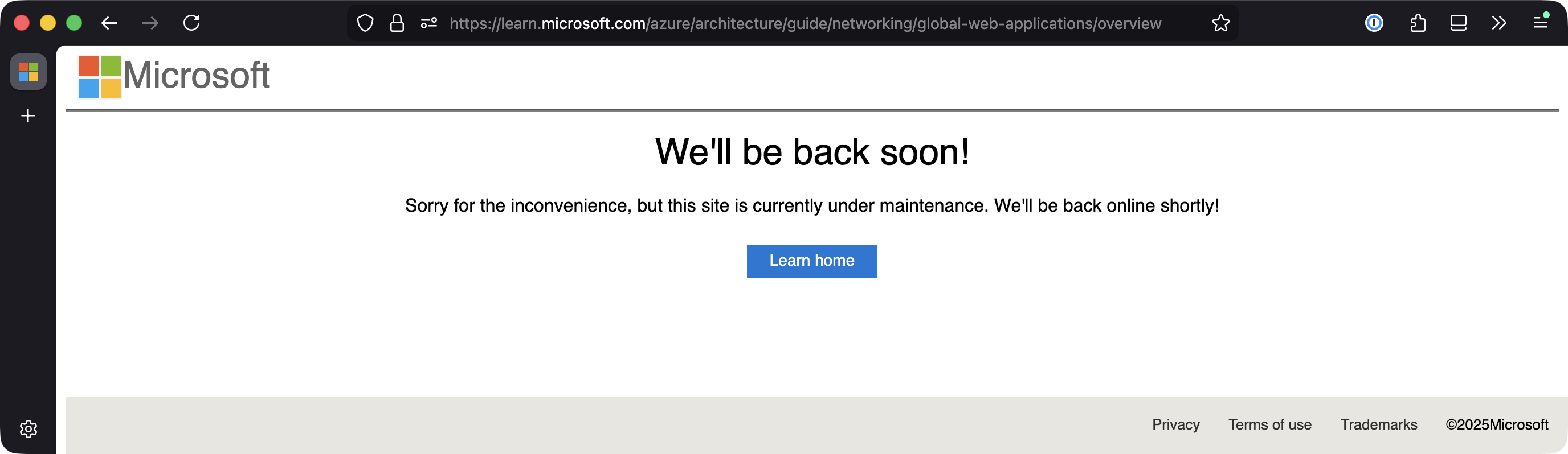 Screenshot of Firefox trying to access aforementioned URL. There's an empty placeholder page with a Microsoft logo, and a text block reading: We'll be back soon! Sorry for the inconvenience, but this site is currently under maintenance. We'll be back online shortly!