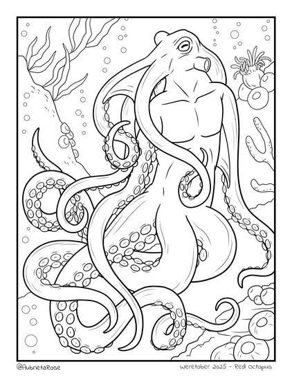 A line art drawing of a reclining male anthro octopus chilling on the sea floor among corals and leaves.