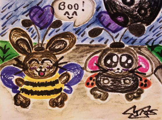 A marker drawing of a brown bunny dressed as a bee screaming out, 'Boo,' and a white lop bunny dressed as a ladybug doing a cute pose.

This was drawn entirely in Crayola markers.