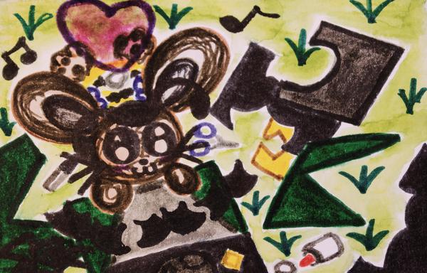 A marker drawing of a brown bunny dressed as a bee making a bat collage in his back yard. Two of his bat cutouts are hanging off the edge because I thought it would be cute.

This was drawn entirely in Crayola markers.