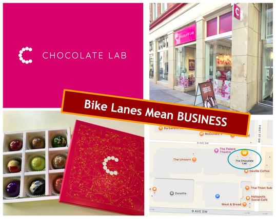 Chocolate Lab logo + chocolate box + street view + map location on Stephen Ave at 1st St SW + banner reads "Bike Lanes Mean Business"