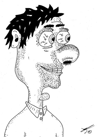 L’immagine è un disegno caricaturale in bianco e nero che ritrae un uomo di profilo, rivolto verso destra. Il volto ha proporzioni volutamente distorte in modo comico e surreale.

Ha i capelli corti e arruffati, neri e spessi. Gli occhi sono enormi, sporgenti e con evidenti vene disegnate, dando un’espressione sorpresa o un po’ folle. Le sopracciglia sono scure e marcate. Il naso è grande e tondo, con una piccola ombreggiatura che ne accentua la dimensione.

La bocca è allungata e sorride leggermente, mostrando denti irregolari. Il mento è molto pronunciato e la pelle del viso è punteggiata, come a rappresentare una barba incolta. Il collo è lungo e magro, con una grossa protuberanza simile al pomo d’Adamo.

Indossa una camicia con colletto e due bottoni visibili. Lo stile del disegno è grottesco e ironico, con linee spesse e un tratto volutamente impreciso, come nelle illustrazioni umoristiche o nei fumetti underground.