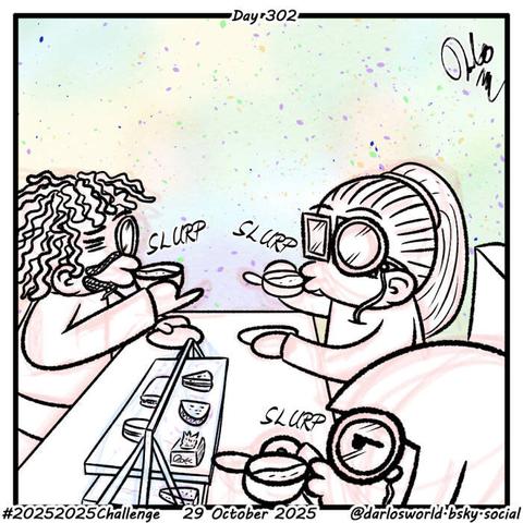 Drawing of Darlo, Momma Darlo and Nephew Rio enjoying a traditional English afternoon tea. They are all wearing monocles and slurping their tea.