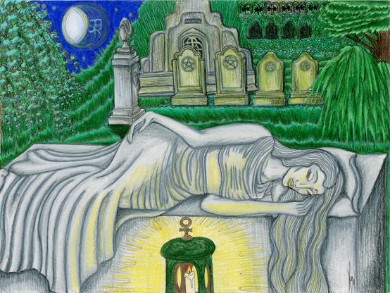 In a graveyard at night a monument in the form of a woman sleeping on her side is lit by the golden glow of a grave lantern and the waning gibbous Moon.  Lush green trees, grasses, and leaves frame the graves and the mausoleum on the hillside behind her.  The Moon's shadowed side contains a sigil for the directive to "Persist."