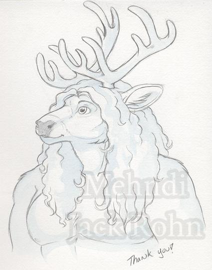 A sketch of a red deer anthro. He has very long wavy hair. He's also very muscular.