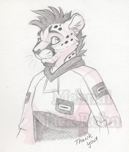 A sketch of a cheetah anthro. He's in a hoodie with black rectangles on both arms and the chest. The hoodie is dark around his middle. He has a goatee and a fluffy black mohawk like hair coming up from his neck.