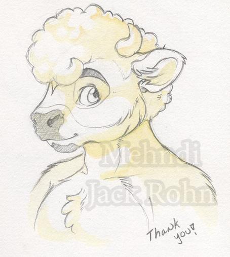 A sketch of a bison anthro. He has a goatee and cute small horns. His hair is very fluffy. There's a star like marking on his forehead.