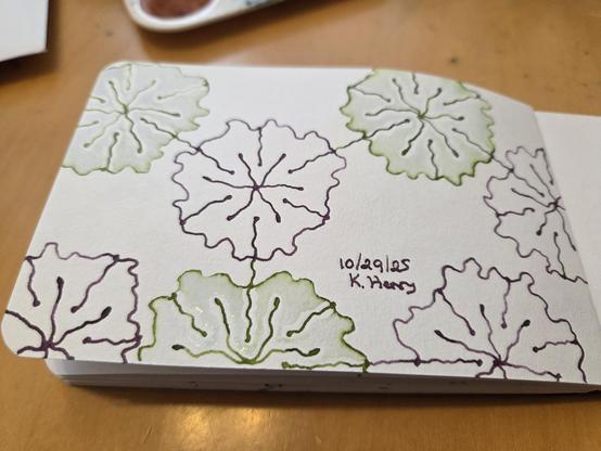 Hand drawn generative/procedural art in ink on an open page of my sketchbook. The abstract pattern looks a bit like a network of flowers.