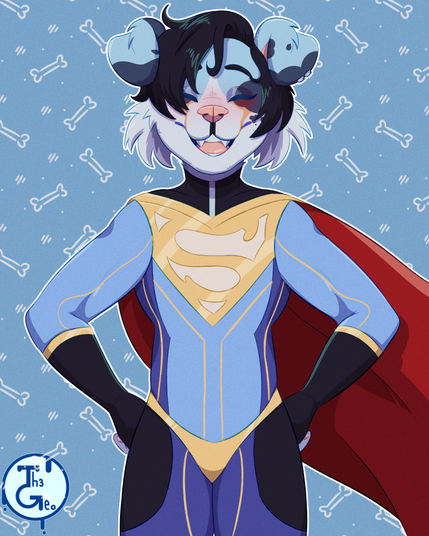 - Drawing Type:
Normal Style / Cell Shading / Thigh Up

- [ 1 ] Character/s:
* Furry / Male / Dog

- Background:
Simple [Bones pattern]

- Description:
Drawing of a furry dog of color blue in a superman costume matching his color, blue. He's making a big smile