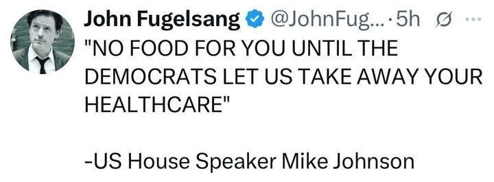 A tweet from John Fugelsang reads in all caps:
"NO FOOD FOR YOU UNTIL THE DEMOCRATS LET US TAKE AWAY YOUR HEALTHCARE"
– US House Speaker Mike Johnson.