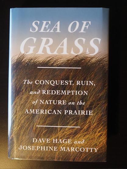 The cover of the book "Sea of Grass" by David Hage and Josephine Marcotty. A picture of grass against a blue sky with the subtitle "The conquest, ruin, and redemption of nature on the American prairie"