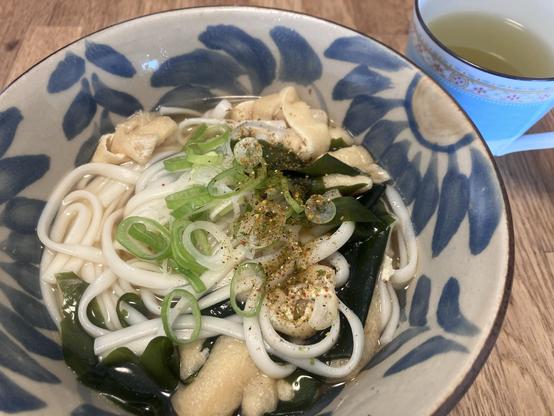 A bowl of noodle soup featuring thick, white udon noodles, sliced green onions, and pieces of tofu or fish cake, garnished with spices. A cup of green tea is visible in the background. The bowl has a floral design and is placed