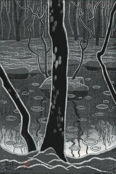 A gloomy, rainy day on the grounds of Kyoto's Saihoji Temple (also known as Kokedera). Leafless trees stand around a small, still pond; the surface of the pond is marked with little ripples created by falling raindrops. Like a mirror, the pond reflects the shadows of the surrounding trees and the overcast sky above.