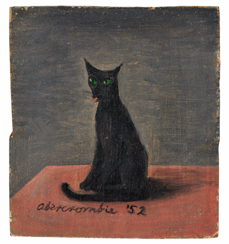 Small painting of a goofy looking black cat with green eyes, sitting up and sticking its little pink tongue out, on a salmon colored table with grey wall behind; signed and dated on bottom  https://www.artcurial.com/en/sales/6086/lots/187-a
