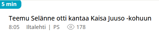 Kuvakaappaus Amppareiden otsikkolistasta. Lukee: 


Teemu Selänne otti kantaa Kaisa Juuso -kohuun
8:05
Iltalehti
PS
178
