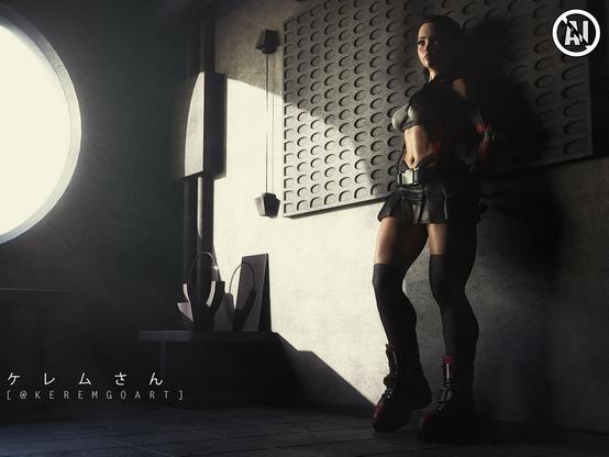 digital illustration of a Tifa cosplayer standing in a stylized room with sun coming through the elliptical window