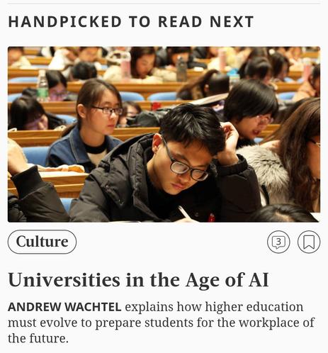 Below the article "HAND picked" to read next: "Universities in the Age of AI: Andrew Wachtel explains how higher education must evolve to prepare students for the workplace of the future"
