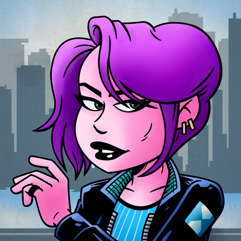 Young woman with short purple hair wearing a black leather jacket over a blue crew neck shirt with white stripes. She is holding up her left arm, there is a black ring around her left little finger and two gold earrings in her left ear. Behind her are the silhouettes of numerous skyscrapers.