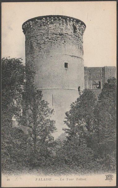 Printed monochrome postcard showing a view of the Talbot Tower at the Château de Falaise in Normandy, France.

Published by Emile Crété, Paris, successor to Neurdein et Cie, ND Phot, No 48, c.1920.

Postally unused.

Good condition, with very slight corner bumps, but very slight yellowing to edges.