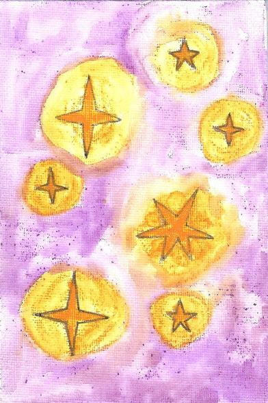 Un dessin de différentes étoiles jaunes dorées dans un ciel violet