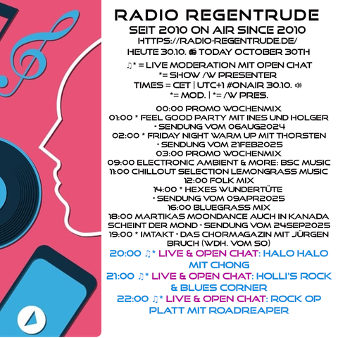 🇩🇪 Plakat mit den heutigen Radiosendungen. Bild (ohne Text): Pixabay, kein Bildquellennachweis erforderlich.
🇬🇧 Poster with details of today's radio shows. Image (without text): Pixabay, no image creds needed.