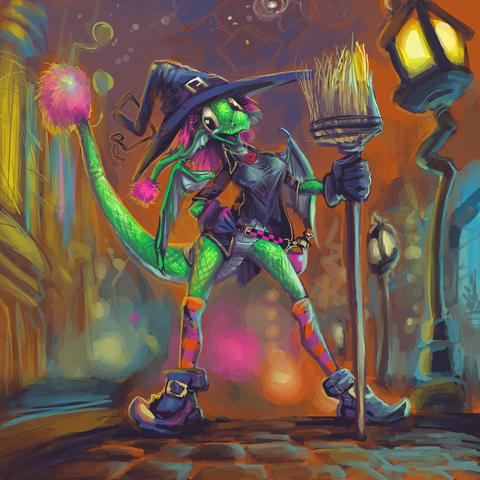 corny green-skinned, pink-haired lizard person wearing vaguely witch-like garb but without any upper leg covering, holding a broom, smiling dorkily at the viewer, in front of a vaguely city-street-like backdrop