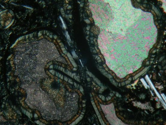 A view of a rock thin section taken down a microscope viewed between crossed polars. Most of the rocks consists of dark, green and brown banded material, showing fibres at right angles to the bands, plus a pale green-with-pink-spots patch at the upper right, and a couple of grey-and-black elongate striped crystals.