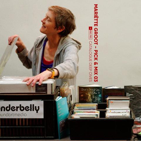 cover art for the upcoming release, with a photo of Mariëtte at her shop Underbelly Soundartmedia